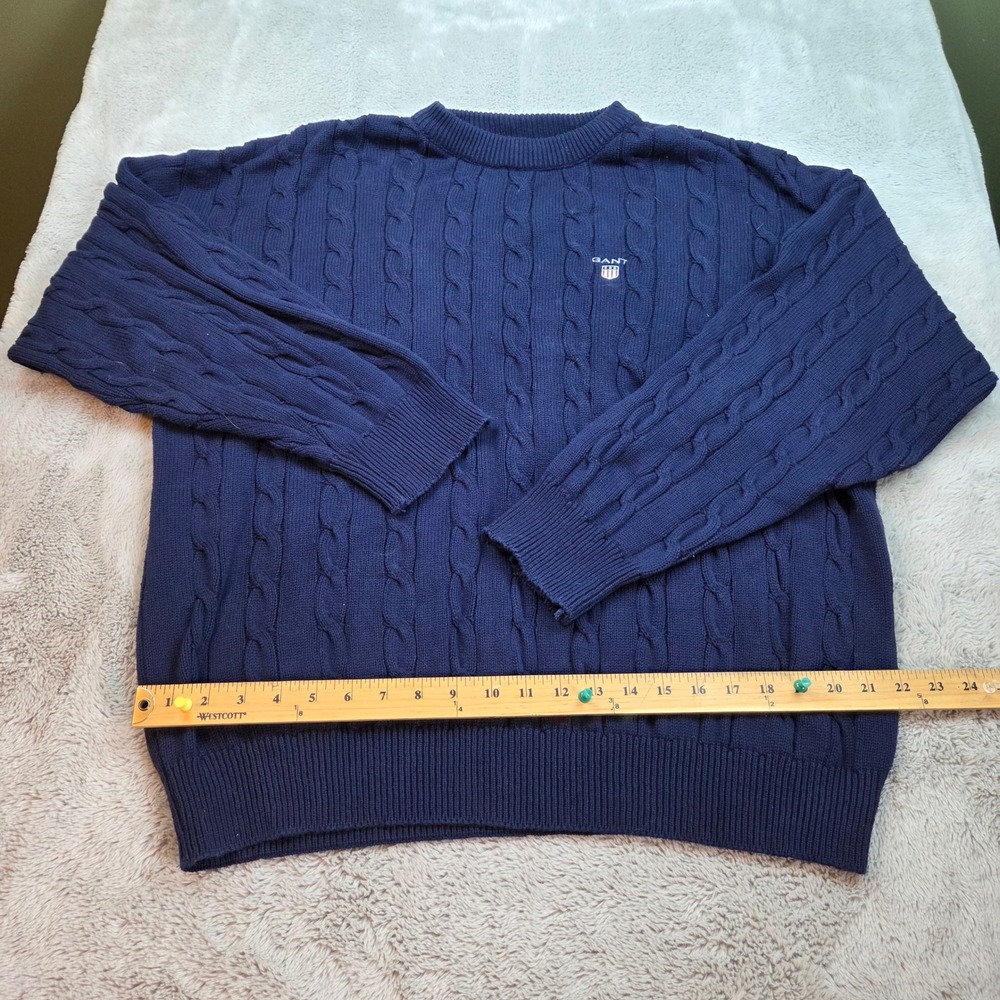 Vintage Gant Cable Knit Sweater Mens XL Made in USA Cotton Crewneck Navy Blue